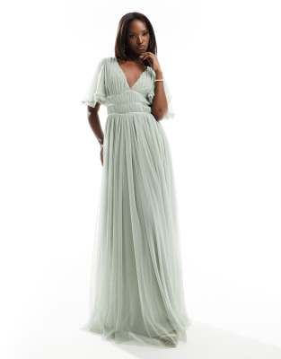 Buy Beauut Bridesmaid tulle maxi dress with flutter sleeve in sage