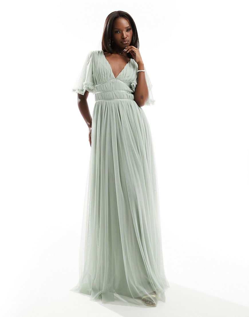 Beauut Bridesmaid tulle maxi dress with flutter sleeve in sage green
