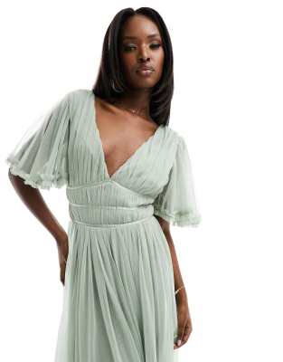 Beauut Bridesmaid Tulle Maxi Dress With Flutter Sleeve In Green