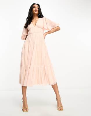 Beauut Bridesmaid tulle midi dress with flutter sleeve in blush-Pink