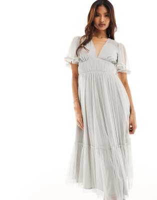 Beauut Bridesmaid Tulle Midi Dress With Flutter Sleeve In Gray