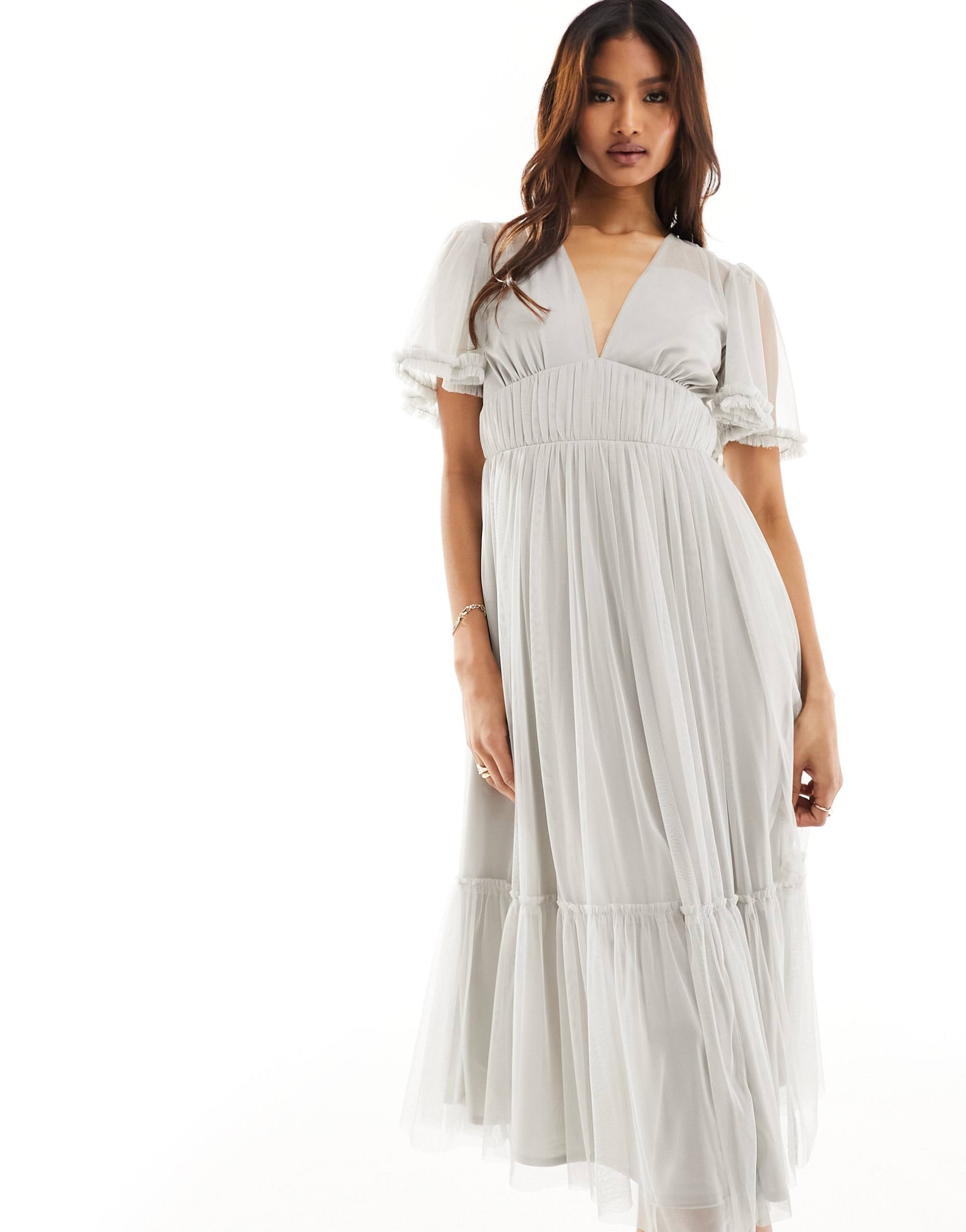 beauut bridesmaid tulle midi dress with flutter sleeve in gray