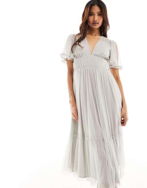 Beauut Bridesmaid tulle midi dress with flutter sleeve in gray