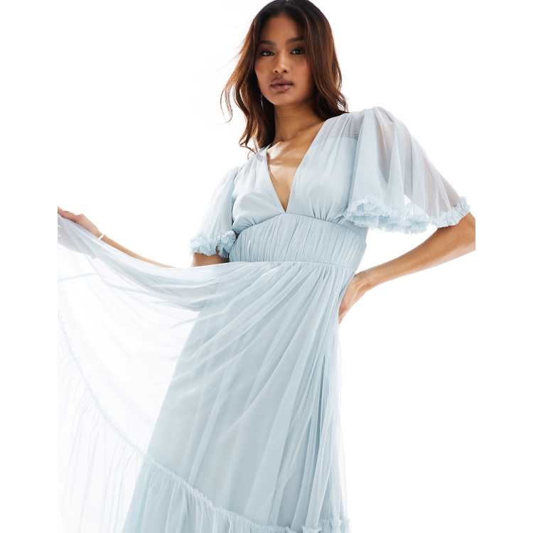 knee length dresses for ladies Pinkblush Blue Dotted Tulle Smocked Maternity Midi Dress main image 1
