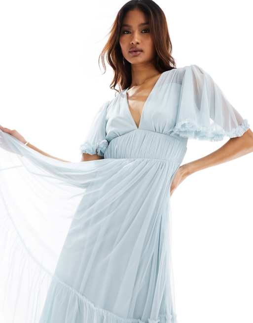  Beauut Bridesmaid tulle midi dress with flutter sleeve in ice blue