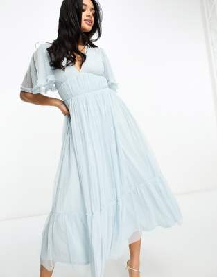 Beauut Beauut Bridesmaid tulle midi dress with flutter sleeve in icey blue