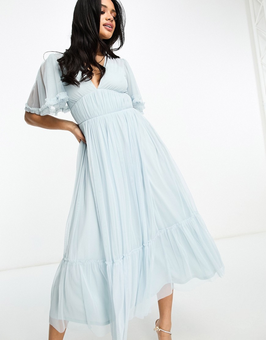 Beauut Bridesmaid tulle midi dress with flutter sleeve in icey blue