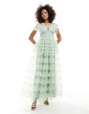 Beauut Bridesmaid v-neck maxi dress with ruffle skirt in sage green