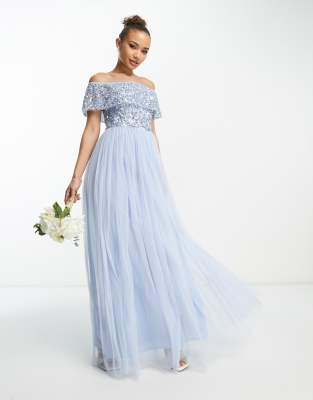 Beauut - Bridesmaid - Verziertes Bardot-Maxikleid in Hellblau