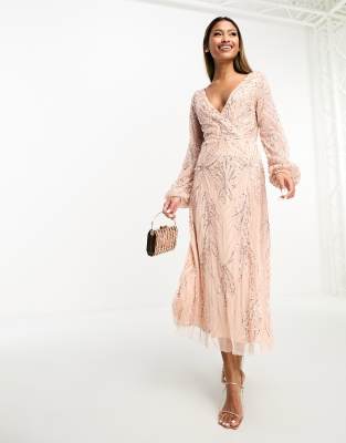 Beauut - Bridesmaid - Verziertes Midikleid in Blush mit Wickel-Design-Rosa