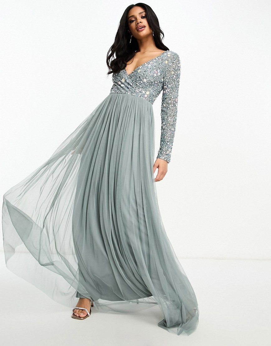 Beauut Bridesmaid wrap front maxi dress with mutli coloured embroidery and embellishment in misty gr