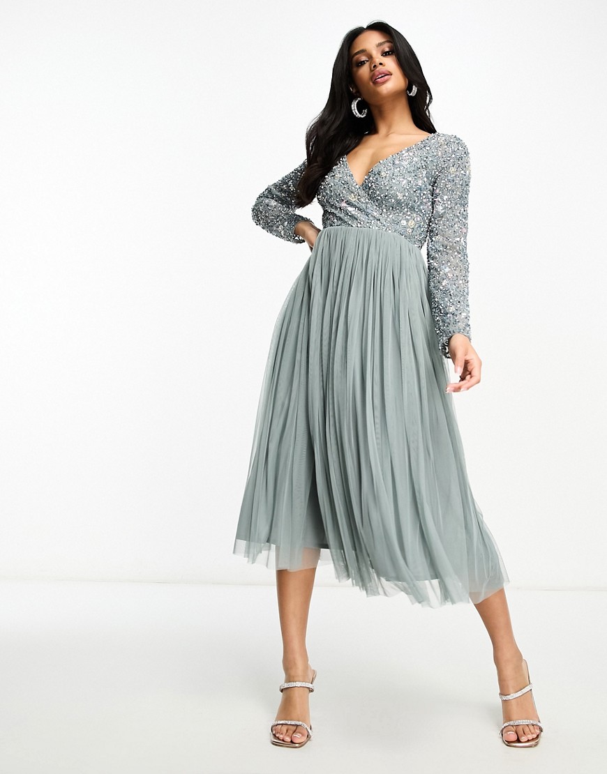 Beauut Bridesmaid wrap front midi dress with mutli colored embroidery and embellishment in misty green