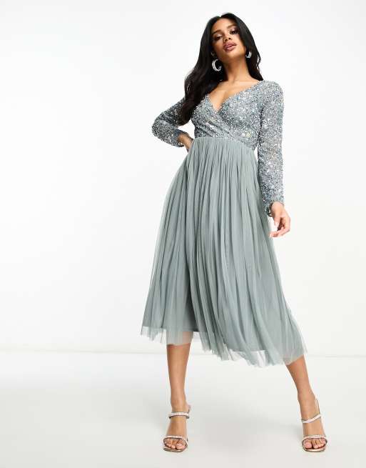 Beauut Bridesmaid wrap front midi dress with mutli colored embroidery and embellishment in misty green ASOS