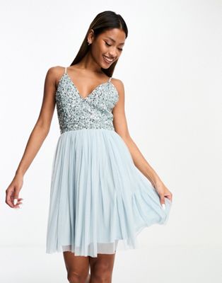 Beauut Bridesmaids embellished 2 in 1 mini dress in ice blue  - ASOS Price Checker