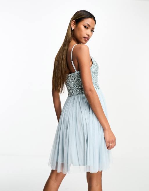 Beauut Bridesmaids embellished 2 in 1 mini dress in ice blue