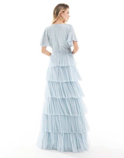 Beauut - Bruidsmeisjes - Lange jurk met versiering en stroken in blauw, 3 van 4