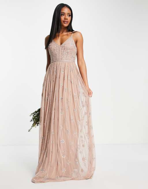 Beauut - Bruidsmeisjes - Maxi jurk met delicate versiering en tule rok in taupe