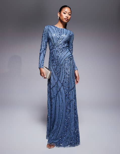 Beauut Celia sequin long sleeve maxi dress in blue - view 1