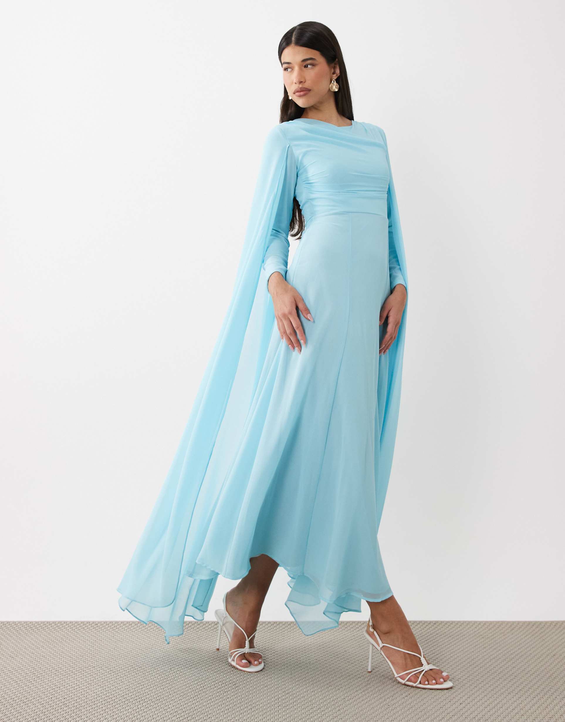beauut chiffon cape sleeve crew neck maxi dress in bright blue