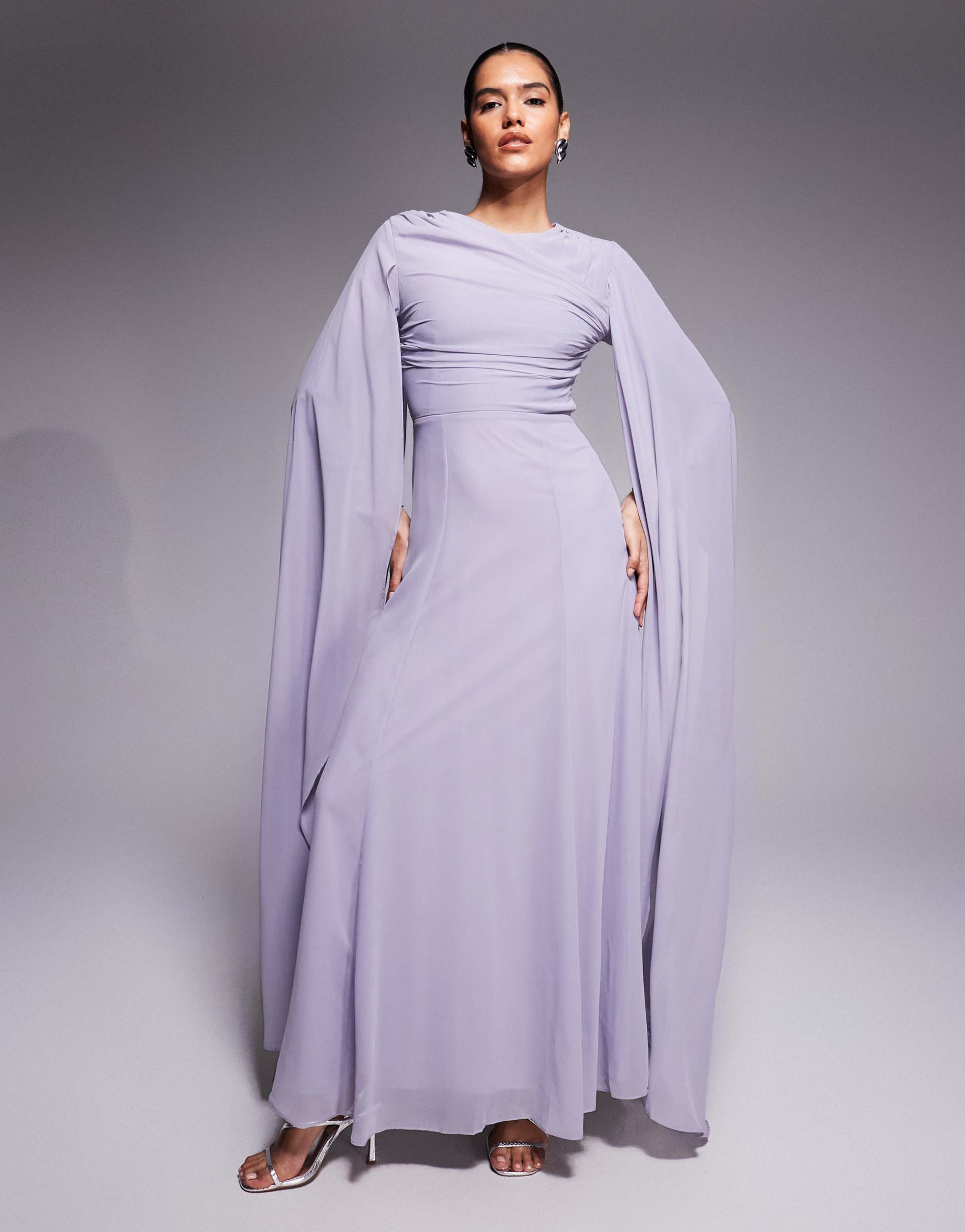 beauut chiffon wrap front drama cape detail long sleeve maxi dress in lilac