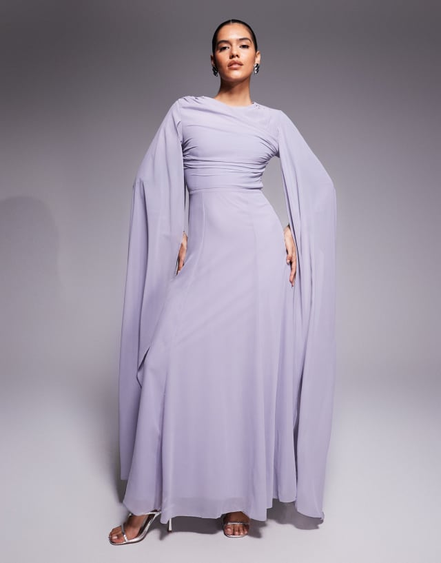 Beauut chiffon wrap front drama cape detail long sleeve maxi dress in lilac