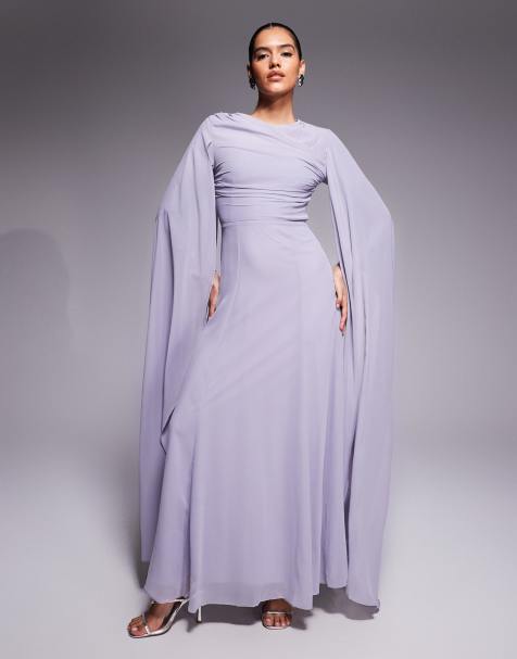 Beauut chiffon wrap front sleeve drama cape detail maxi dress in lilac