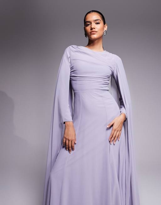 Beauut chiffon wrap front sleeve drama cape detail maxi dress in lilac, 2 of 4
