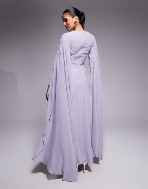 Beauut chiffon wrap front sleeve drama cape detail maxi dress in lilac, 3 of 4