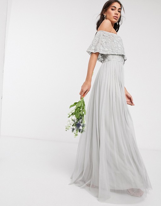Beauut embellished bardot maxi dress in light grey