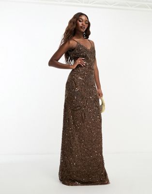 Beauut embellished cami maxi dress in chocolate brown