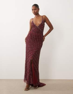 Beauut Embellished Cami V Neck Wrap Maxi Dress In Brown