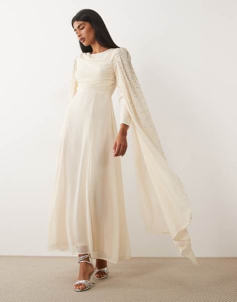 Beauut embellished cape sleeve maxi dress in off white