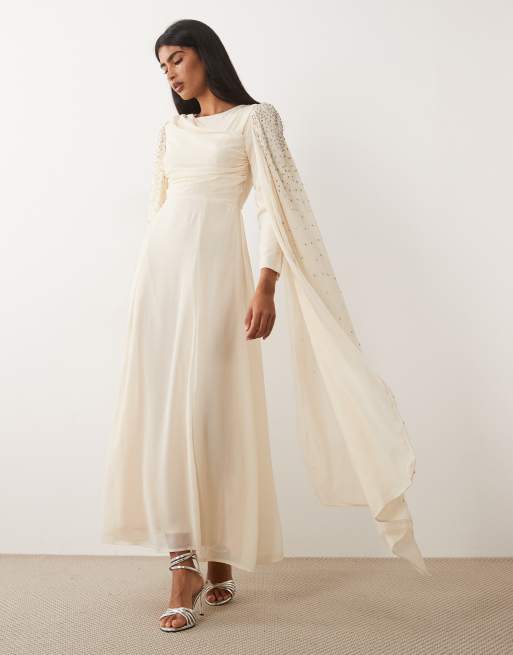 cape sleeve dress white Quill Draped Gown  Tadashi Shoji Official Online Boutique Pleated cape Beauut - Cape Sleeve Maxi