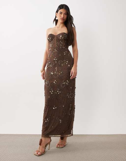 chocolate brown strapless dress Odela Scarf Drop Waist Maxi | | Womens Plus its shirred back panel and side invisible zip provides a secure and comfortable fit Beauut - Embellished Strapless Maxi
