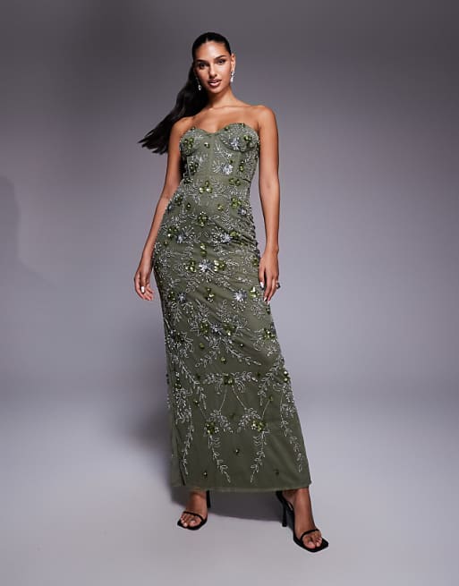 strapless corset maxi dress Lace & Beads dropped hem with neck scarf in black May be worn with an adhesive bra Staud Cassie Beaded Organza Strapless