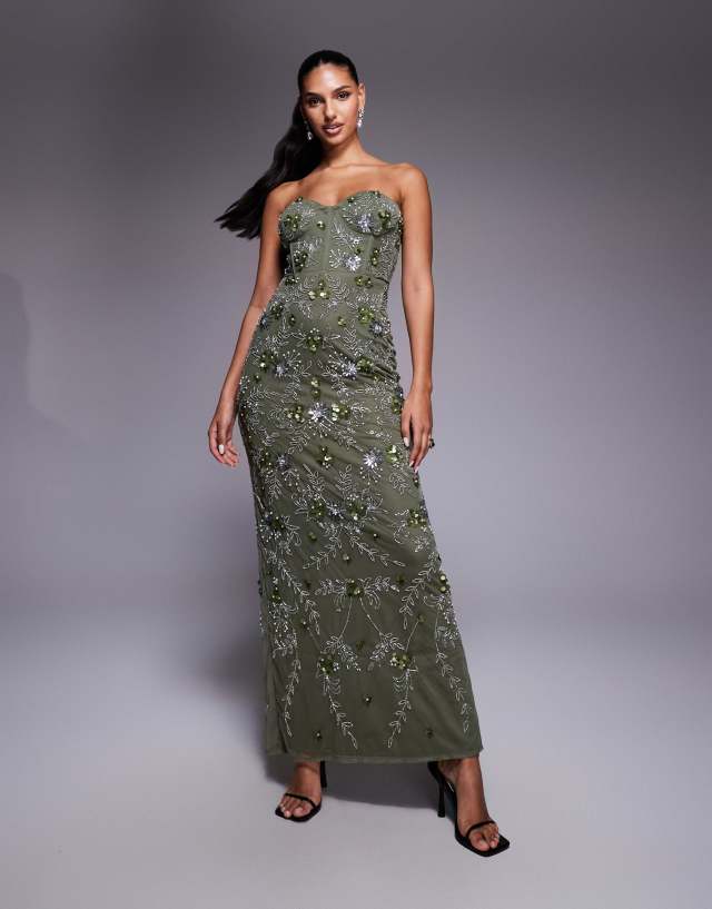 beau corset pleated sleeveless maxi dress Beauut embellished strapless slit back in khaki green The adjustable lace Size:52 X-Long Wedding dress Custom Color Casual Beach Tulle Summer