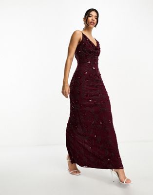 Beauut embellished cowl neck maxi dress in berry