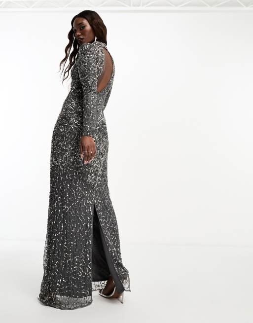 Beauut embellished high neck maxi dress with long sleeve in fossil grey, 2 of 4