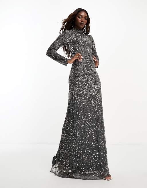 Beauut embellished high neck maxi dress with long sleeve in fossil grey, 4 of 4