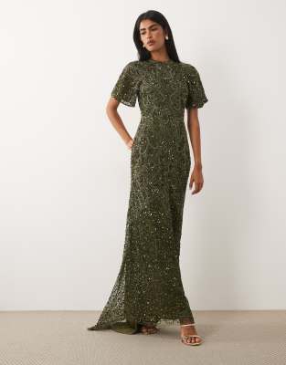 Beauut Embellished High Neck Open Back Maxi Dress In Green
