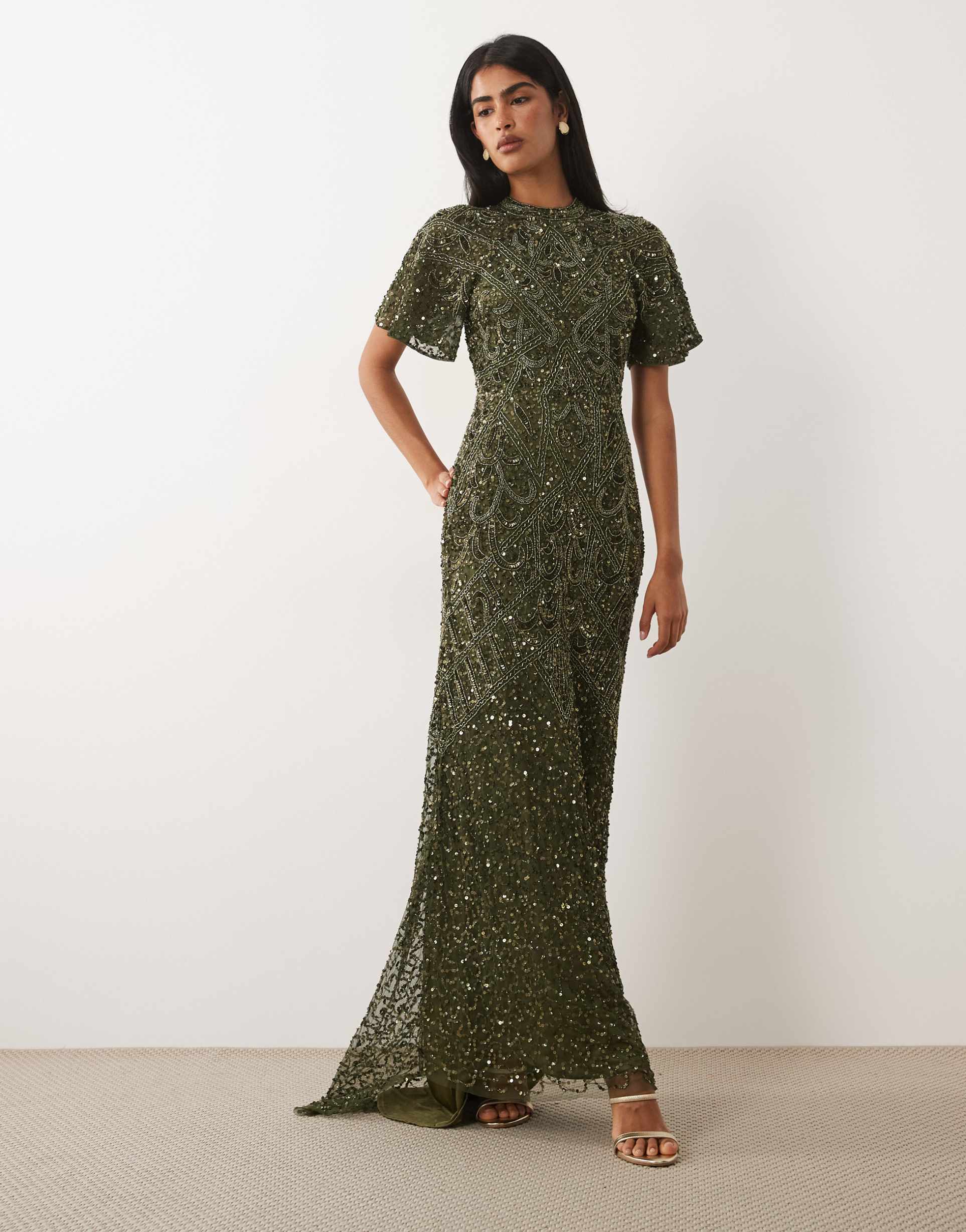 beauut embellished high neck open back maxi dress in dark green