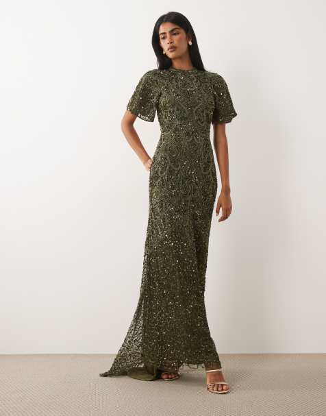 Beauut embellished high neck open back maxi dress in dark green