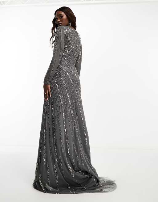 Grey chiffon cap sales sleeve embellished maxi dress