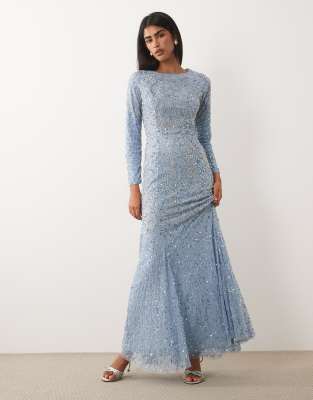 Beauut Embellished Long Sleeve Maxi Dress In Blue