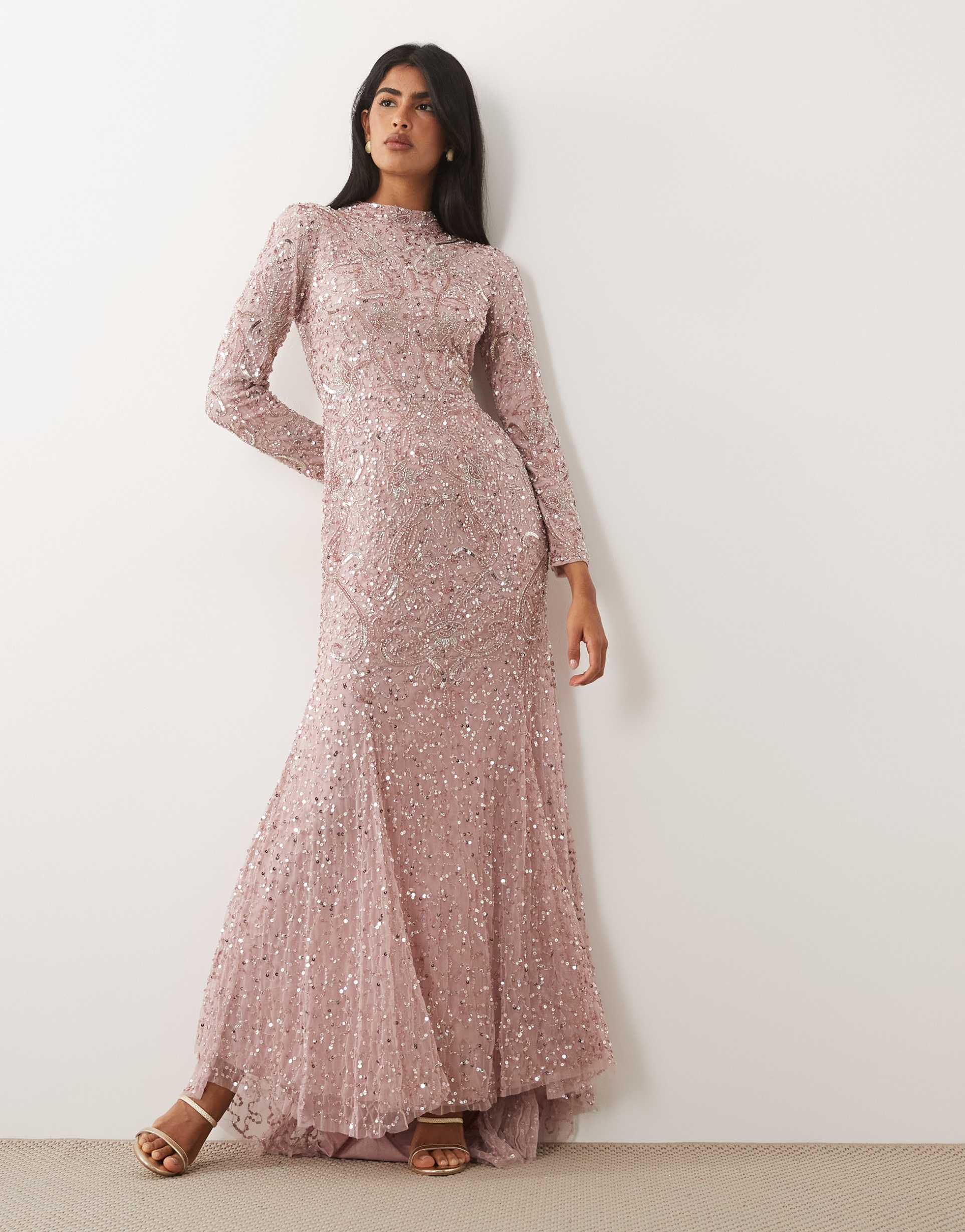 beauut embellished long sleeve maxi dress in light pink