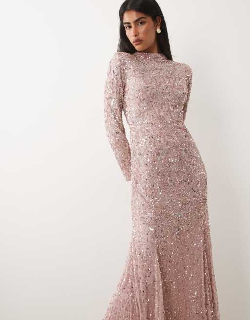 light pink long sleeve dress Long-sleeved with Sharp shoulder cut L / 8 / Pink Has a high slit on the side of the dress H&M Womens Asymmetric Satin Pink