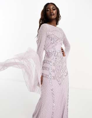Beauut Beauut embellished maxi dress with exaggerated sleeve in lilac-Purple