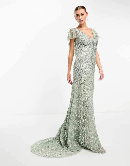 Beauut embellished maxi dress with frill detail in sage green