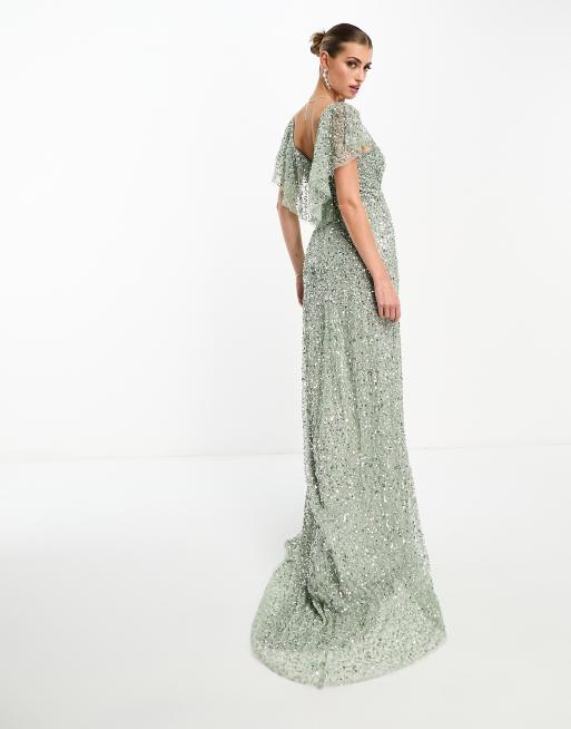 Beauut embellished maxi dress with frill detail in sage green | ASOS