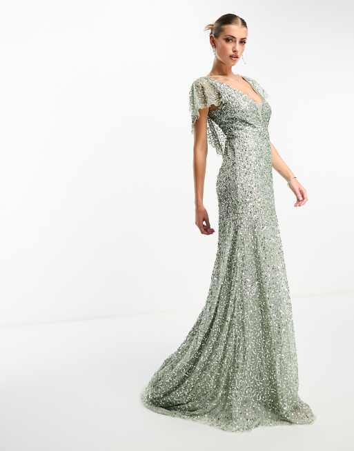 Beauut embellished maxi dress with frill detail in sage green | ASOS